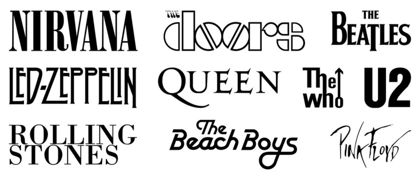 Vinnytsia, Ukraine - May 16, 2022: Top 10 Best Bands of All Time. The Rolling Stones, The Beatles, Queen, The Doors, Nirvana, The Who, U2, Led Zeppelin, The Beach Boys, Pink Floyd. Editorial logos
