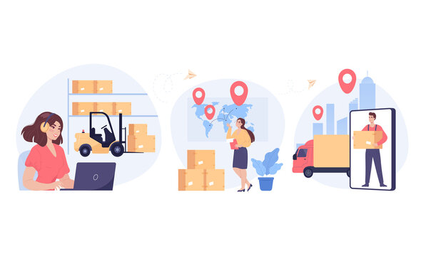 Warehouse manager calling clients and workers delivering boxes. Logistic industry, air cargo or freight flat vector illustration. Delivery service, global transportation concept for banner