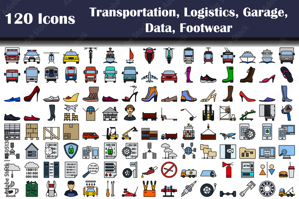 Wall mural Set of 120 Transportation, Logistics, Garage, Data, Footwear icons