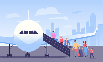 Line of cartoon passengers boarding plane. People getting on flight, business trip, airport flat vector illustration. Tourism, traveling, aviation industry concept for banner or landing web page - obrazy, fototapety, plakaty