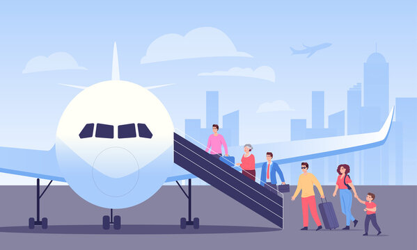 Line of cartoon passengers boarding plane. People getting on flight, business trip, airport flat vector illustration. Tourism, traveling, aviation industry concept for banner or landing web page