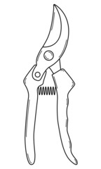 Hand drawn pruner for pruning branches. Gardening tool. Doodle style. Sketch. Vector.