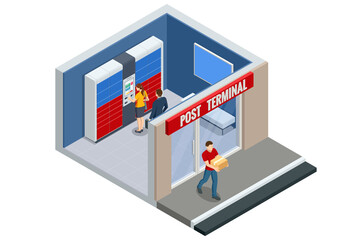 Isometric parcel locker. Postman and locker with digital panel for password. The chain of autonomous postal points for self-receipt and sending of postal parcels. Postal delivery, smart self-service - obrazy, fototapety, plakaty