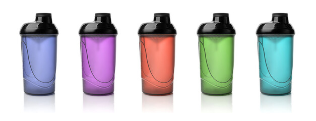 Set of protein shaker bottles isolated on white background. Colorful plastic container for mixing...