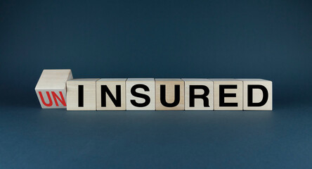 Uninsured or Insured. Cubes form the choice words Uninsured or Insured.