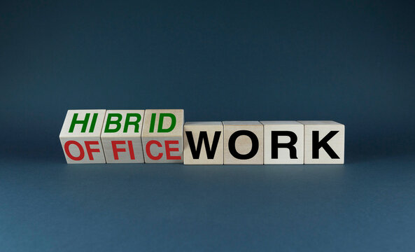Office work or Hybrid work. Cubes form the choice words Office work or Hybrid work.