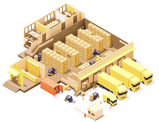 Vector isometric warehouse building cross-section. Warehouse racking, forklifts with boxes, van and truck loaded with goods, offices, pallets with crates, container - 505142146