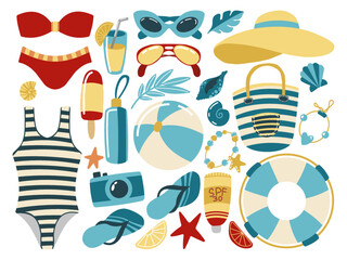 Vector Set of Summer Beach stuff. Swimsuits, ice cream, inflatable ball, lifeline and others. Use for stickers, print, pattern, design, icon.