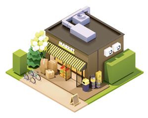 Vector isometric supermarket or grocery building. Shop building with awnings. Shop opening with balloons