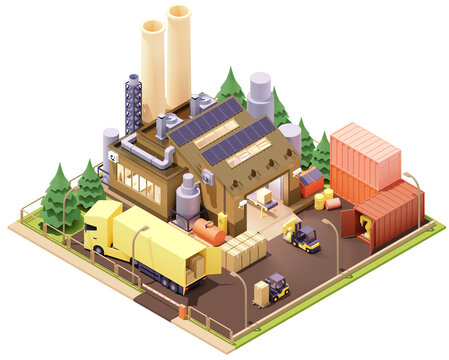 Vector isometric factory building with robots and conveyor. Plant with smokestacks and ventilation system, forklifts, truck and office room. Modern industrial building