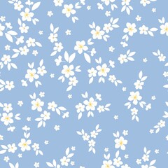 Simple vintage pattern. white flowers and leaves. light blue background. Fashionable print for textiles, wallpaper and packaging.