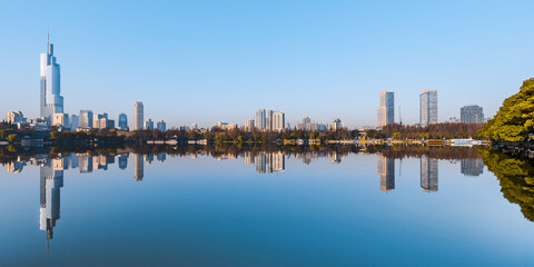 Early morning scenery of Xuanwu Lake and city skyline in Nanjing, China