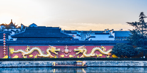 Mural painting of two dragons playing with pearls in Qinhuai River, Nanjing, Jiangsu, China © Govan