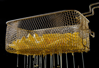 Fryer strainer on black background