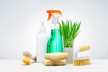  Eco spray bottle for safety cleaning, green plant in pot, natural sponges and brushes.
