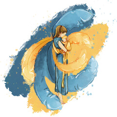 Mother and child with wings. yellow and blue. against the background of the Ukrainian flag. isolated - 505143940