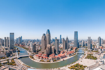 Fototapeta na wymiar Aerial photography of CBD city skyline of Haihe and Jinwan Plaza, Tianjin, China