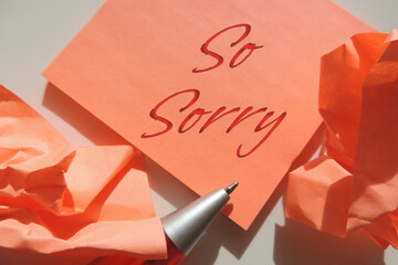 So Sorry text. Crumpled paper lumps and pen.