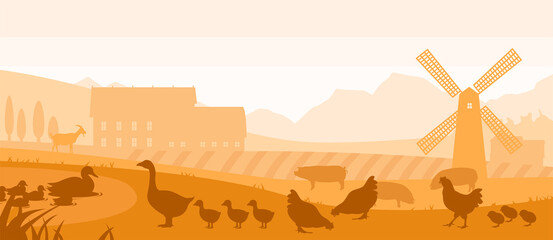 Beautiful farm silhouette with fields, warehouses, a windmill, ducks, chickens, geese, goats, pigs and mountains in the background. Vector illustration of landscape farms with animals in flat style.