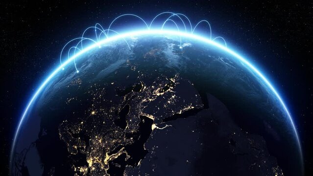 Network Over the Earth Growing. Blue Digital Lines Moving Around the World Forming Technological Global Glowing Grid Fiber Optic. Modern 3d Animation AI Business Technology Concept 4k UHD 3840x2160