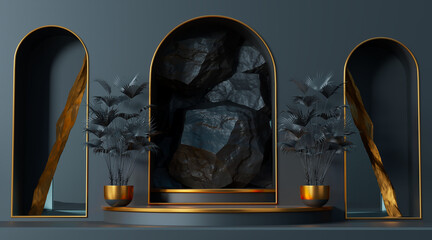 black and gold realistic cylinder pedestal podium with black rocks in the arch door. Minimal scene for products showcase, Promotion display. 3D render