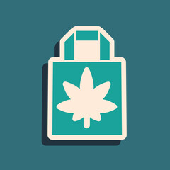 Green Shopping paper bag of medical marijuana or cannabis leaf icon isolated on green background. Buying cannabis. Hemp symbol. Long shadow style. Vector Illustration