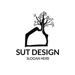 Fototapeta premium hand drawing of a house with an old tree chimney that has leaves as an interior design logo or an old house