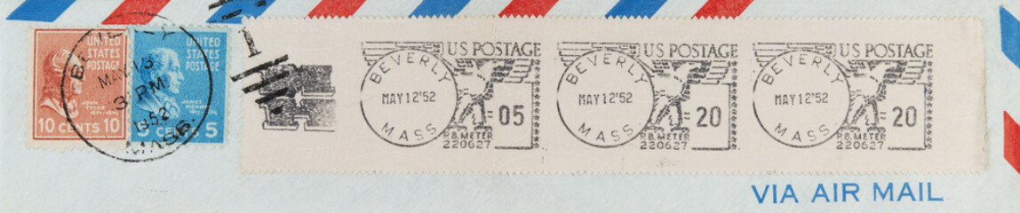 briefmarke stamp vintage retro alt old beverly massachusetts usa amerika america 1952 adler bird eagle vogel luftpost airmail papier paper gestempelt frankiert cancel
