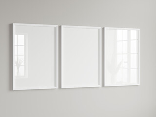 minimalist frame mockup, three vertical frames on the wall, 3d render