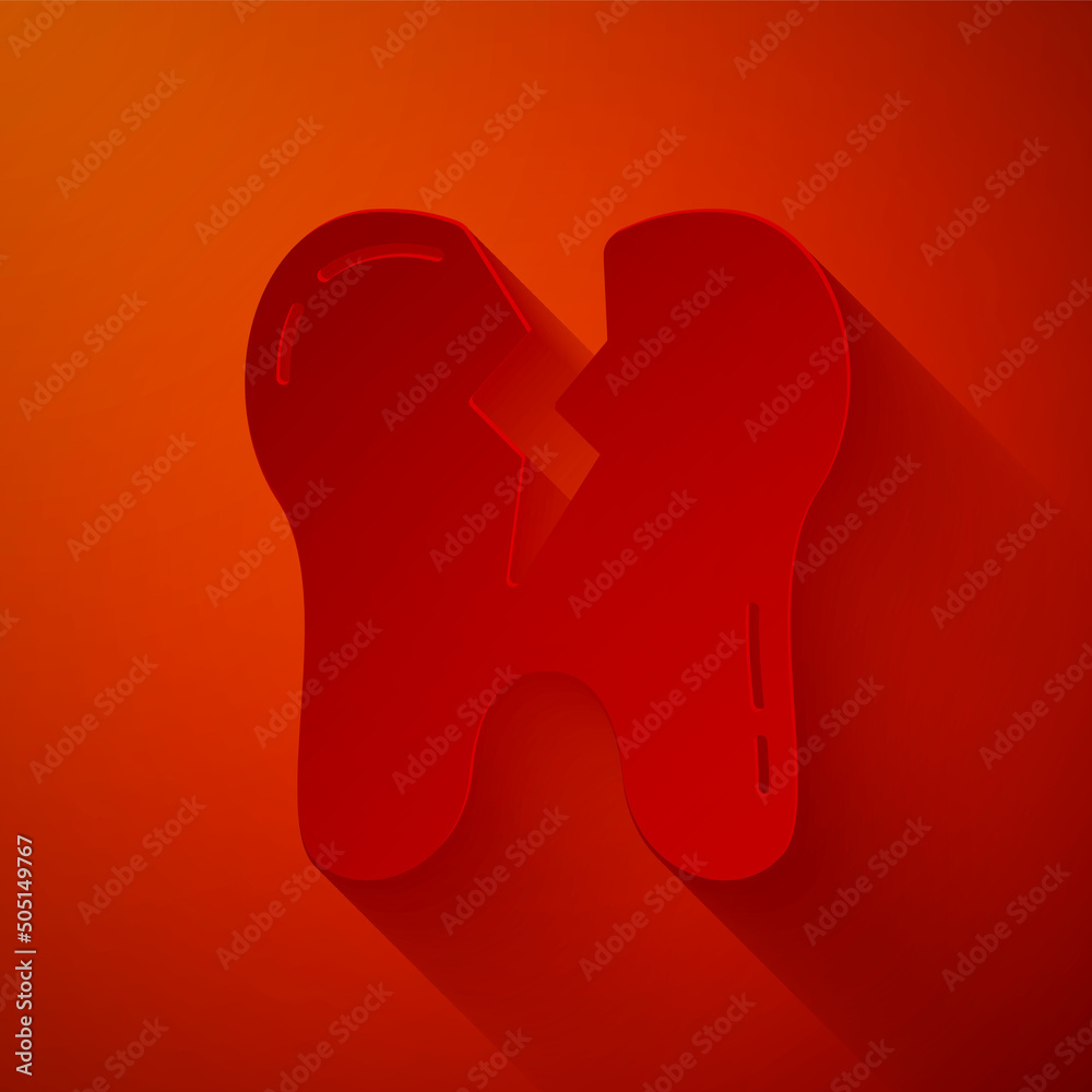 Sticker Paper cut Broken tooth icon isolated on red background. Dental problem icon. Dental care symbol. Paper art style. Vector