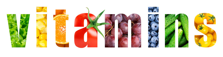 Vitamins. Collage of fruits and vegetables. Vitamins word. Food concept