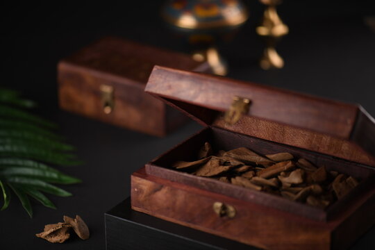 Antique wooden box with agarwood