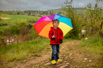 Cute preschool child with pet dog, holding colorful rainbow umbrella, walking in spring nature