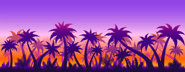 Fototapeta na wymiar Tropical palm tree seamless sunset flat background. Subtropical wallpaper tourism company profile screen saver exotic country travel site. Dense summer foliage forest landscape horizont deep evening
