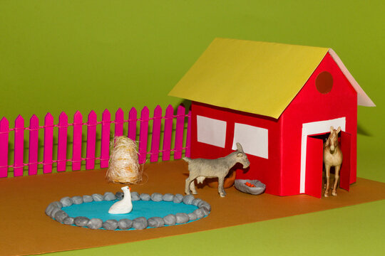 Goat Horse And Duck On A Farm That Has A Small Pool And Barn, Creative Minimal
Design, Paper Farm