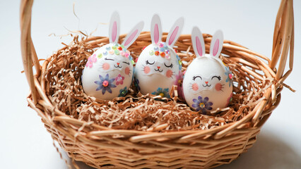 banner. Easter eggs in the form of hares on a white background. Flat styling. Copy the place for the text.