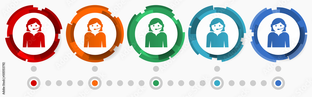 Poster Customer service, support concept vector icon set, modern design abstract web buttons in 5 color options, infographic template