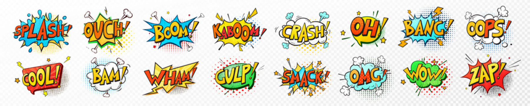 Vector set comic speech bubbles, book sound effects. Pop art messages different shapes, emotions. Comics font label tag expression, fun book balloon. Cartoon explosion cloud phrase on white background
