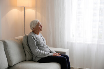 Portrait of elderly lady alone at home. Senior woman 86 years of age sitting on the couch by the...