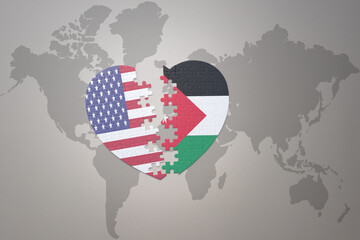 puzzle heart with the national flag of united states of america and jordan on a world map background. Concept.