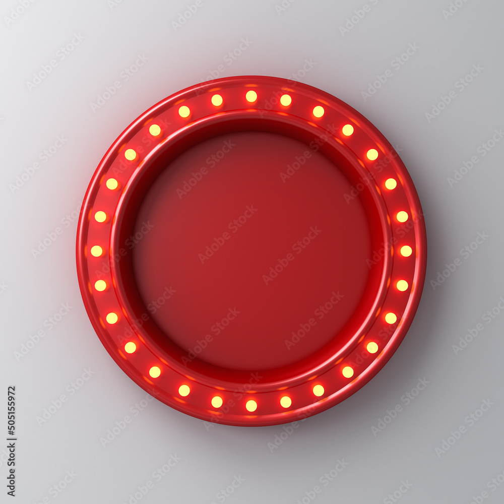 Aufkleber retro red round sign neon billboard with yellow light bulbs isolated on white wall background with s