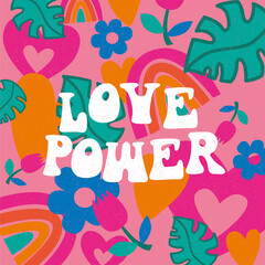 Obraz na płótnie Canvas Hippie style lettering with hippie elements Love Power Vector illustration