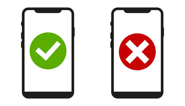 Mobile phone icon with a tick as well as a cross. Vector illustration eps10