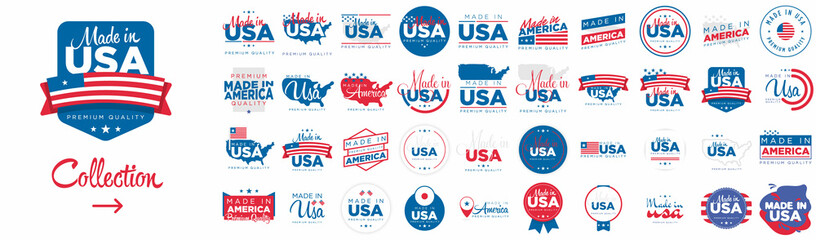 Collection of badge logotype of Made in USA or AMERICA with ribbon and flag on white background, For art template design, page, mockup brochure style, banner, idea, cover, booklet, print, flyer, book,