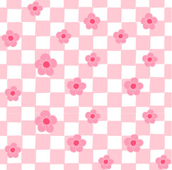 Vector seamless pattern of pink hand drawn sketch doodle checkered chessboard texture with flowers isolated on white background - obrazy, fototapety, plakaty