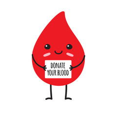 Vector hand drawn flat blood drop with donate your blood card isolated on white background