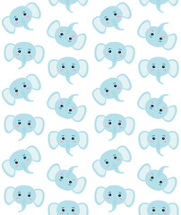 Vector seamless pattern of blue flat hand drawn elephant face head isolated on white background