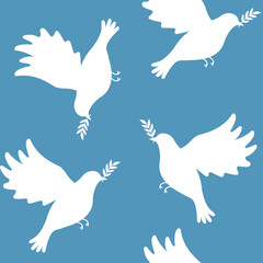 Vector seamless pattern of flat hand drawn doves of peace silhouette isolated on blue background