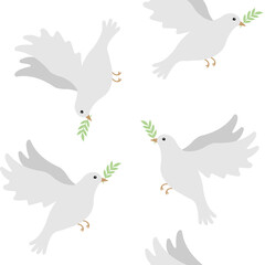 Vector seamless pattern of flat hand drawn doves of peace isolated on white background