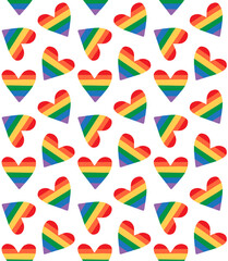 Vector seamless pattern of hand drawn doodle sketch lgbt rainbow flag heart isolated on white background
